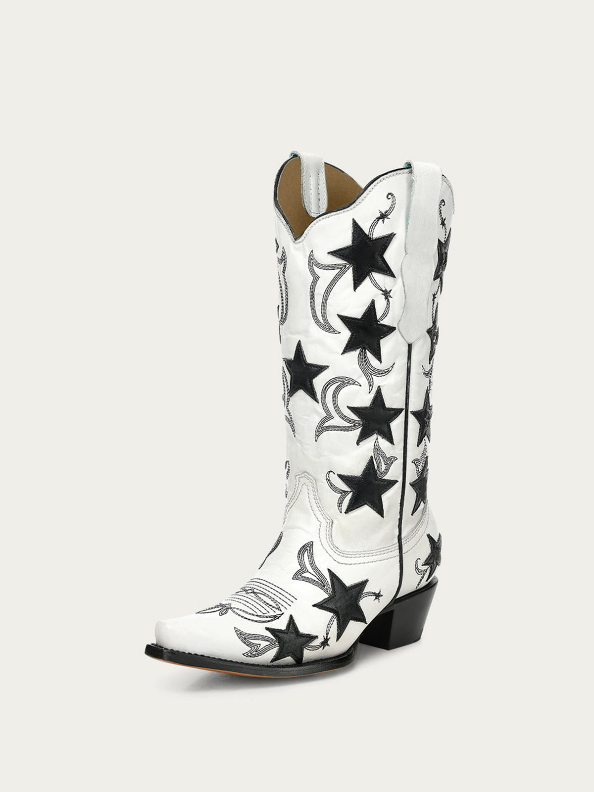 White Snip-Toe Chic Stars Inlay With Embroidery Mid Calf Cowgirl Boots