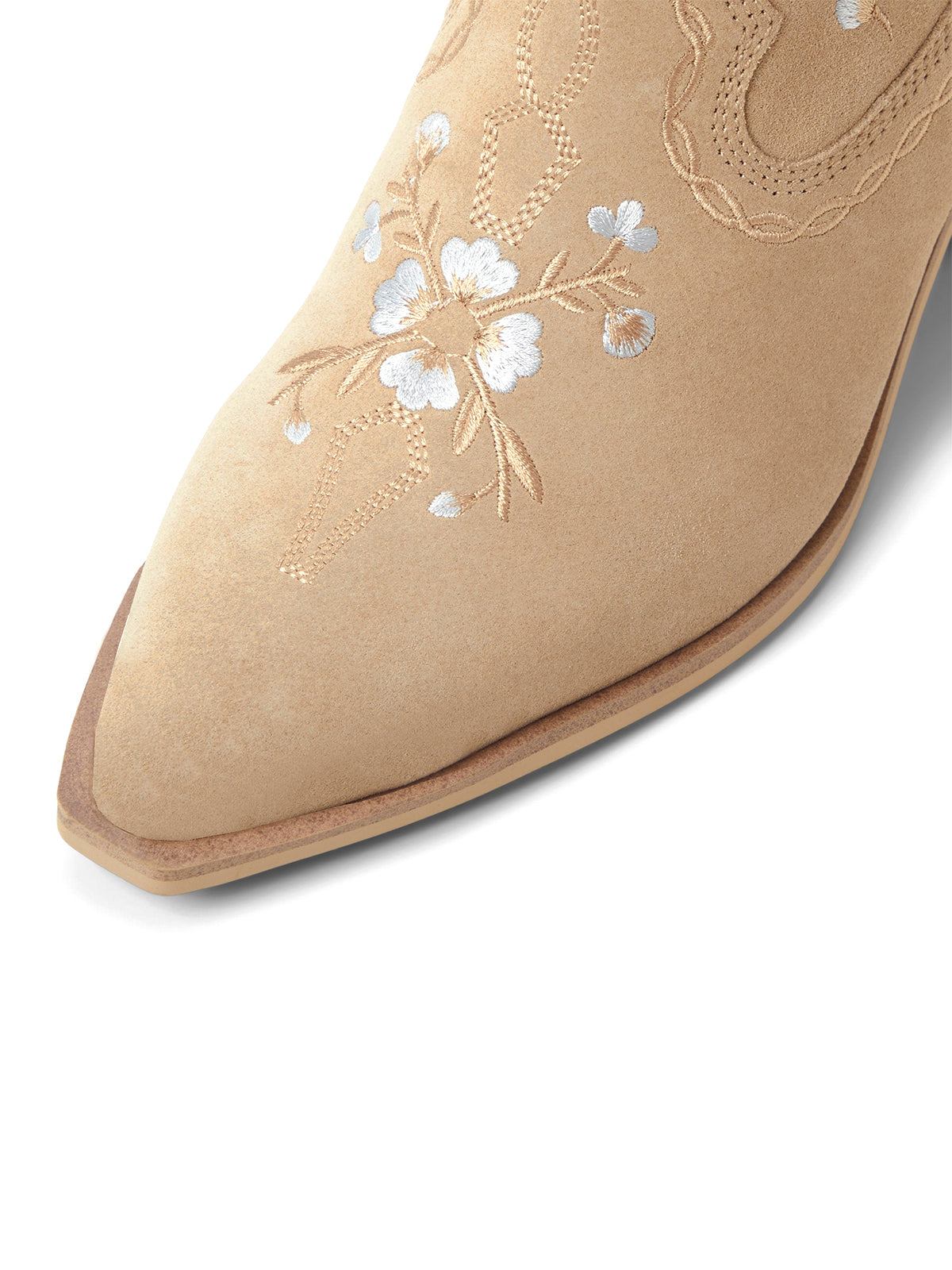 Beige Faux Suede Almond-Toe Floral Embroidery Ankle Cowgirl Boots