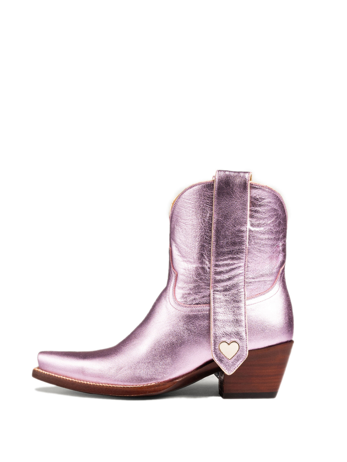 Metallic Pink Snip-Toe Long Ear Pull  With Heart Inlay Ankle Boots