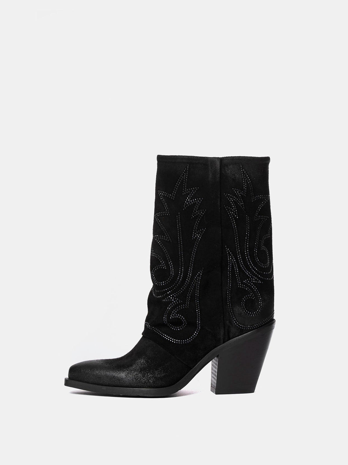Black Snip-Toe Faux Suede Embroidery Mid Calf Cowgirl Boots