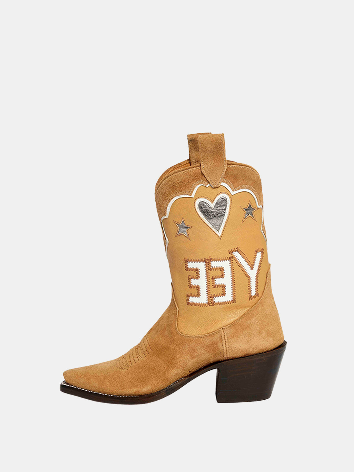 Tan Faux Suede And Vegan Leather Metallic Heart Star Inlay And Letter Inlay Mid Calf Cowgirl Boots