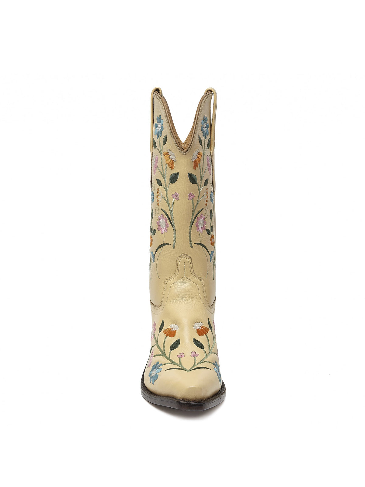 Yellow Floral Embroidery Snip-Toe Wide Mid Calf Cowgirl Boots