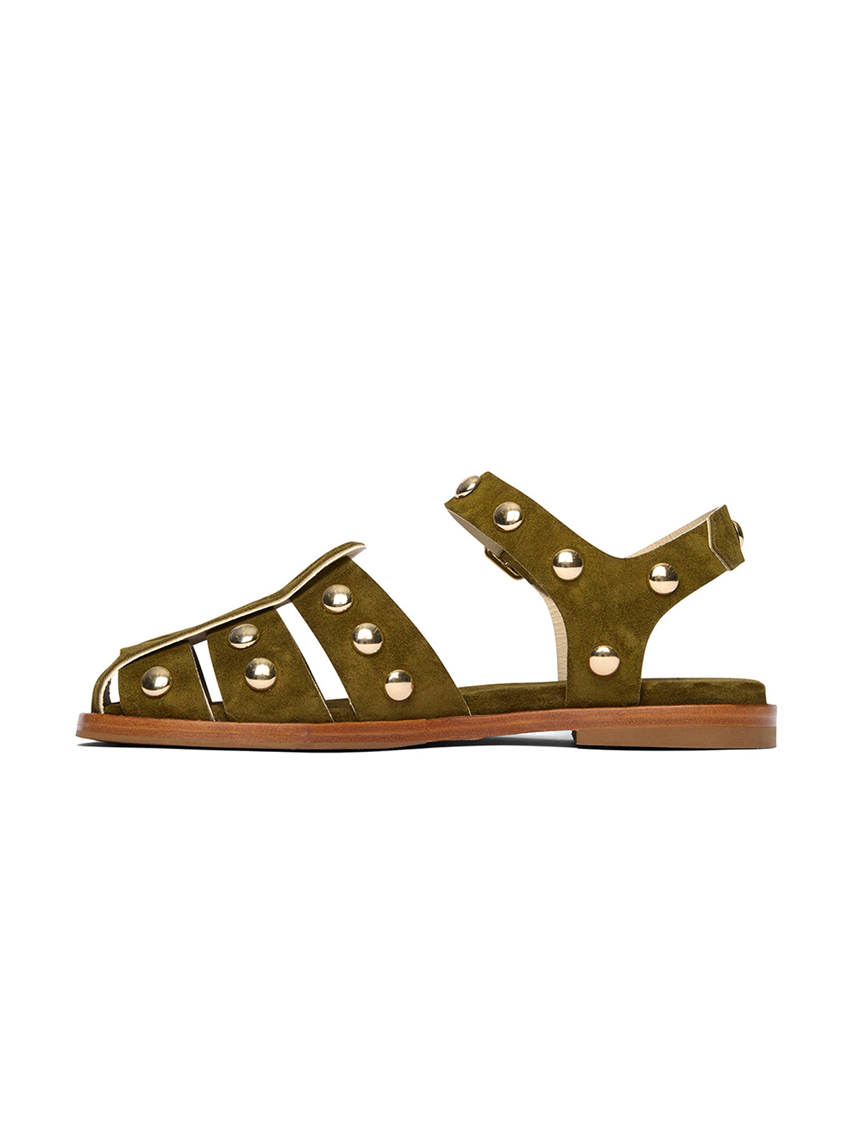 Olive Green Faux Suede Round-Toe Fisherman Studs Sandals Flats
