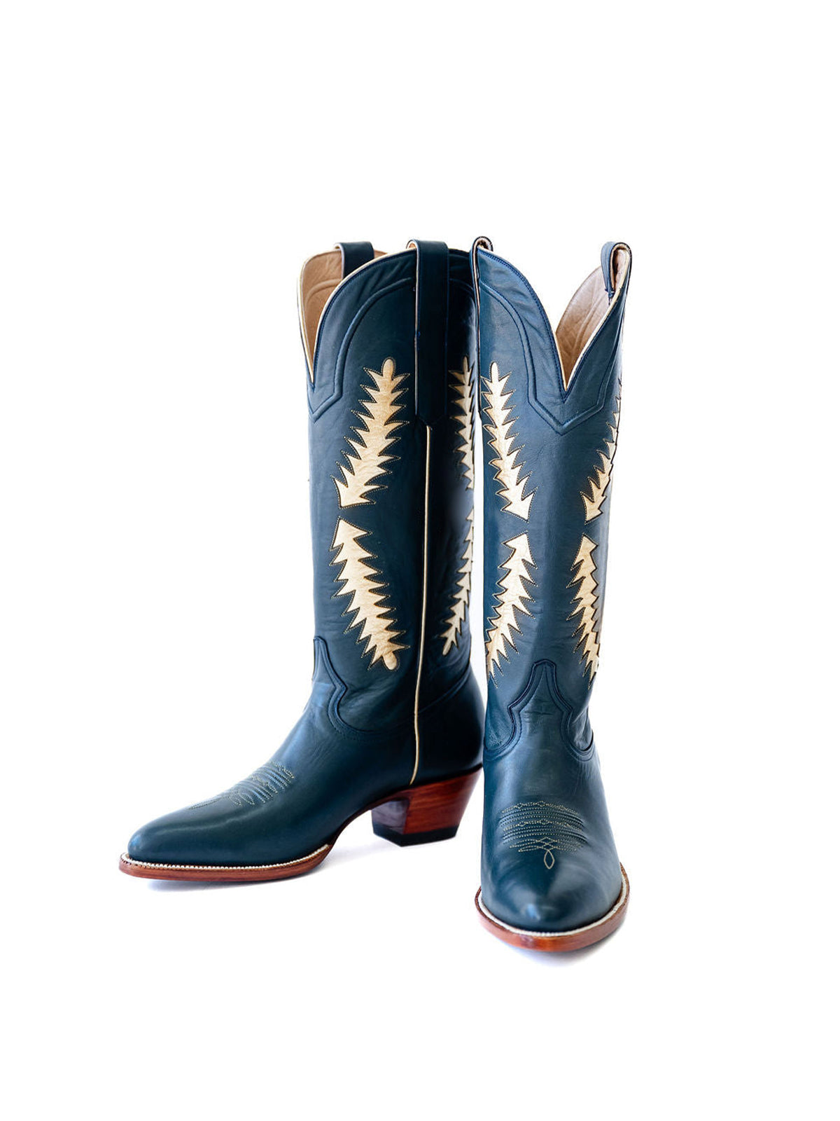 Blue Almond-Toe Wide Calf Cowgirl Boots Knee High Tall Boots