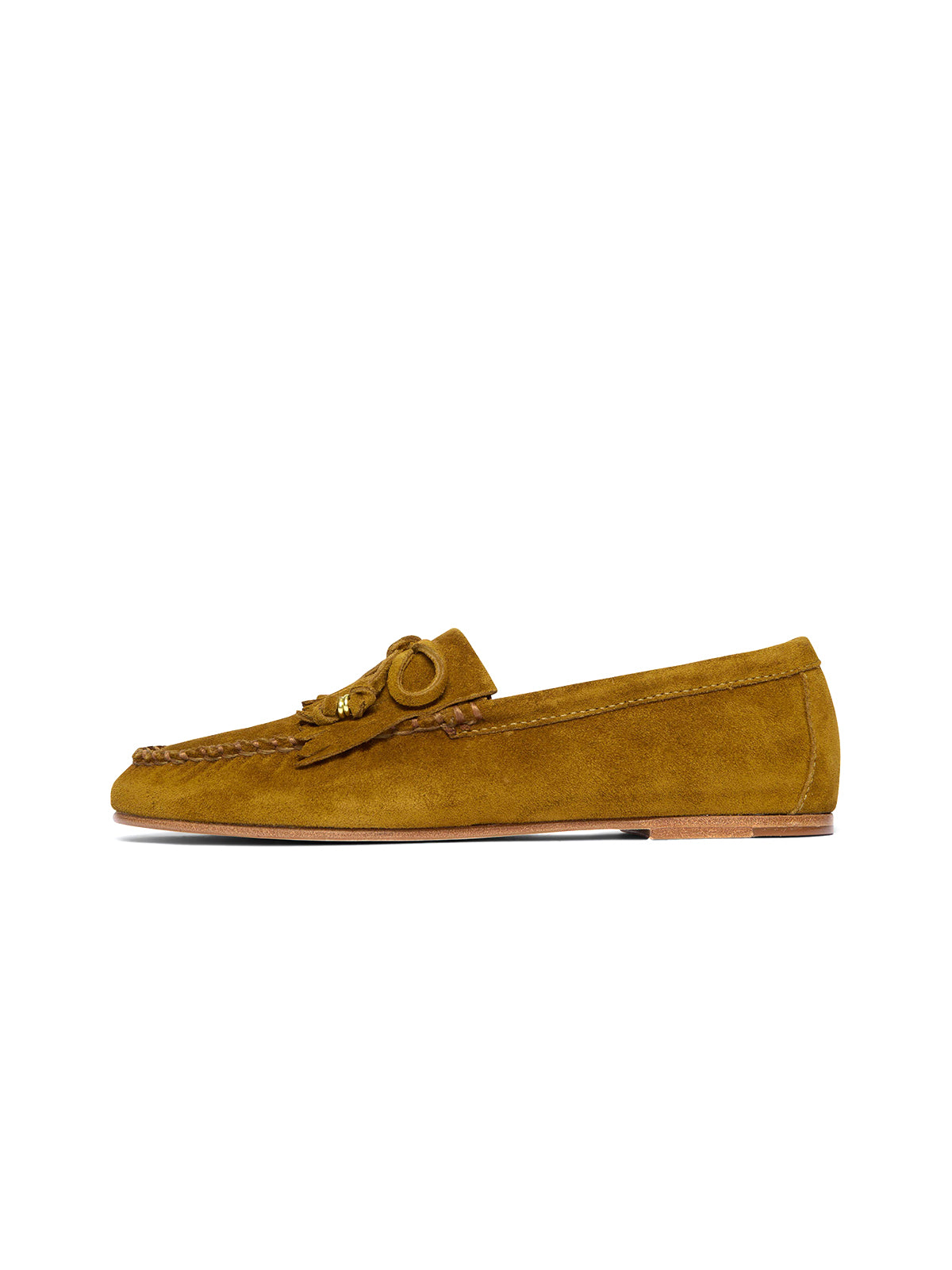 Caramel Cow Suede Round-Toe Front Fringe And Bow Loafers Flats
