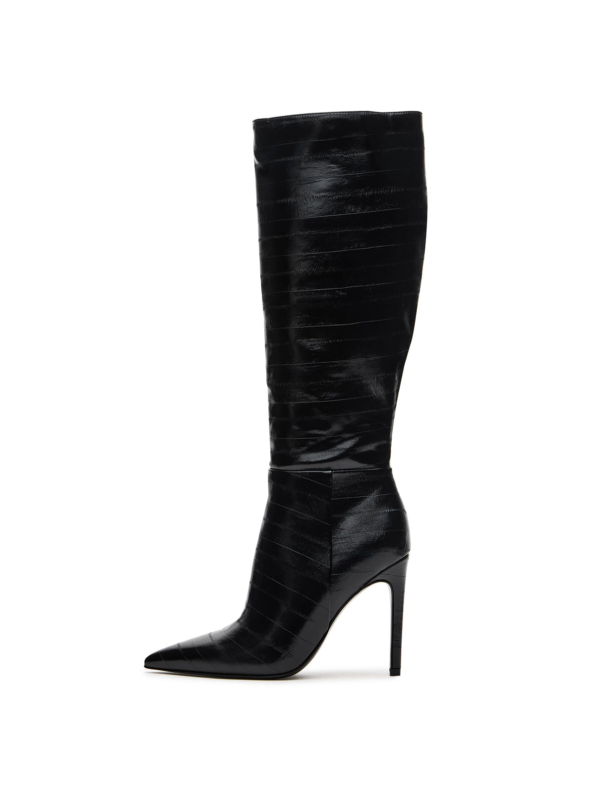 Black Eel Pattern Pointed-Toe Half-Zip Knee High Stiletto Boots