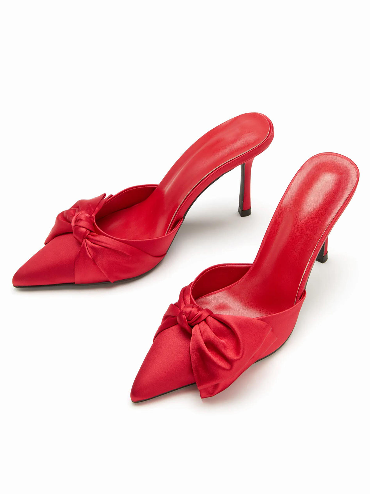 Red Satin Pointed-Toe Front Bowknot Slip-On High Heels