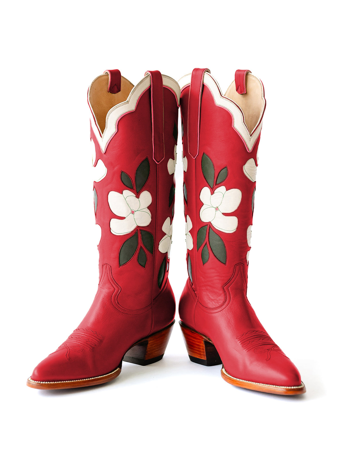 Red Almond-Toe White Flower Inlay Wide Calf Knee High Cowgirl Boots