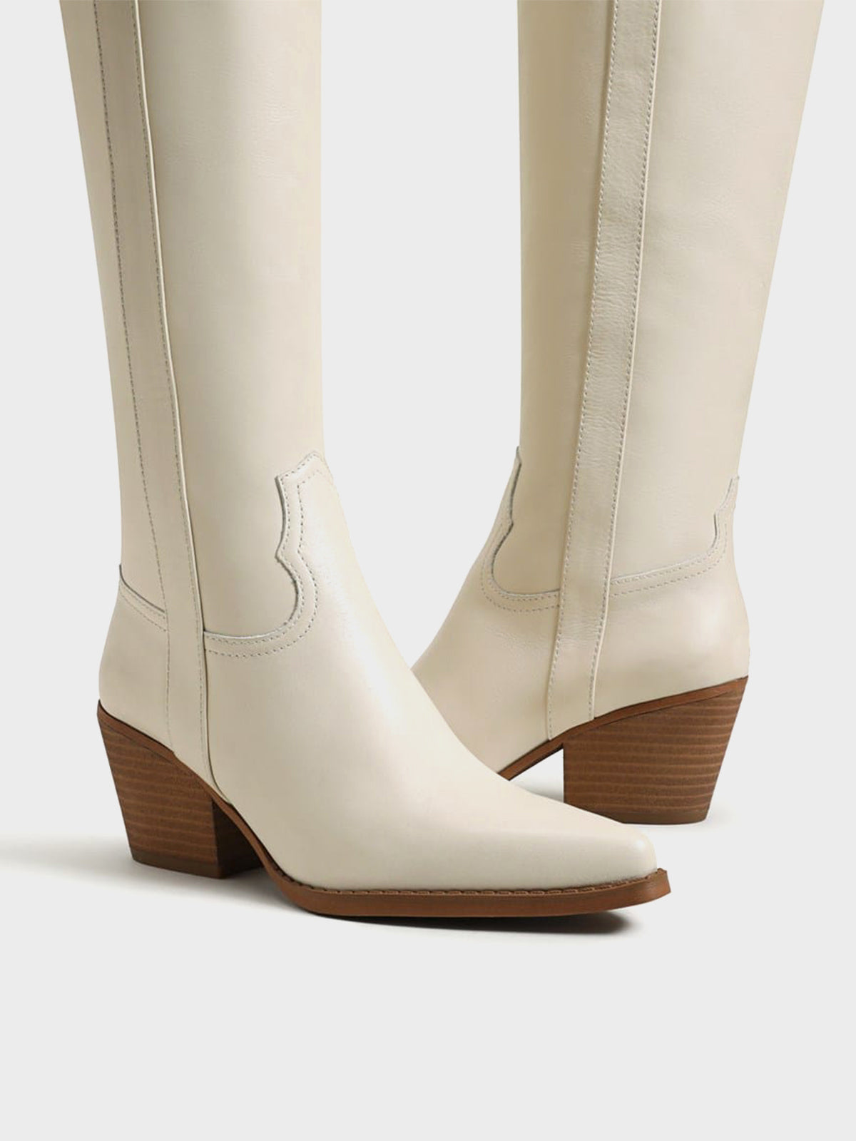 Pointed-Toe Chic Western Half-Zip Knee High Cowgirl Boots - Ivory