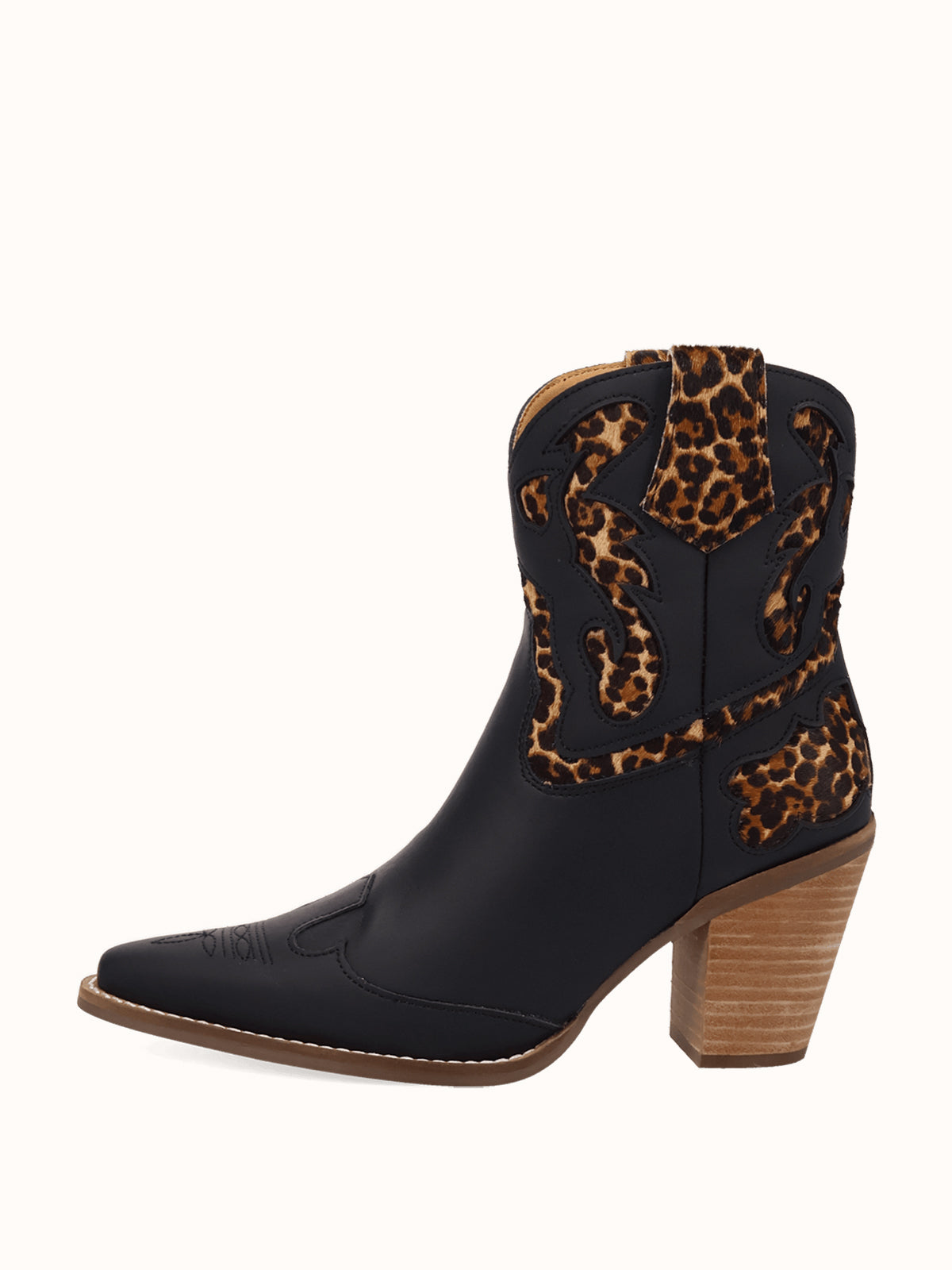 Black And Leopard Pattern Snip-Toe Sleek Ankle Cowgirl Boots