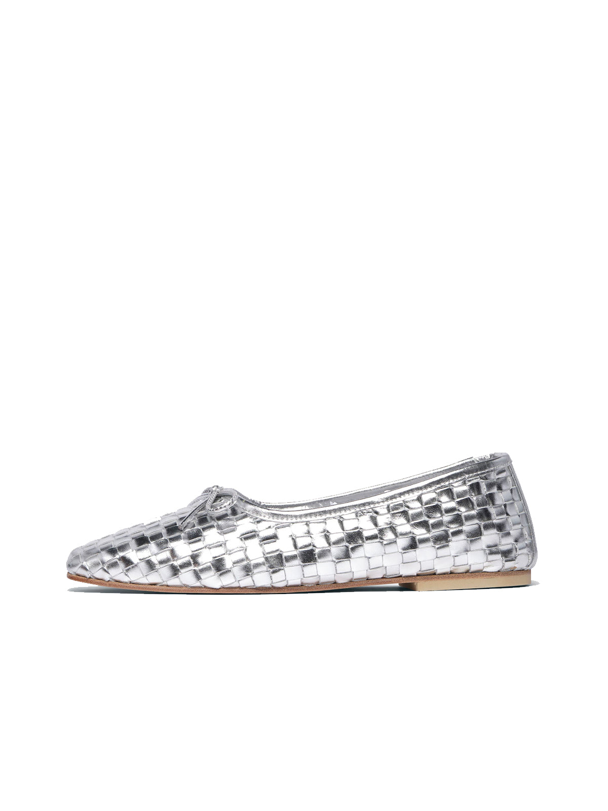 Vegan Leather Woven Square-Toe Bow Ballet Flats - Metallic Silver