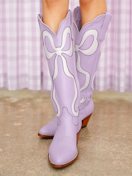 Purple Almond-Toe Wide Calf Western Boots Knee High Tall Boots With White Bowknot Inlay