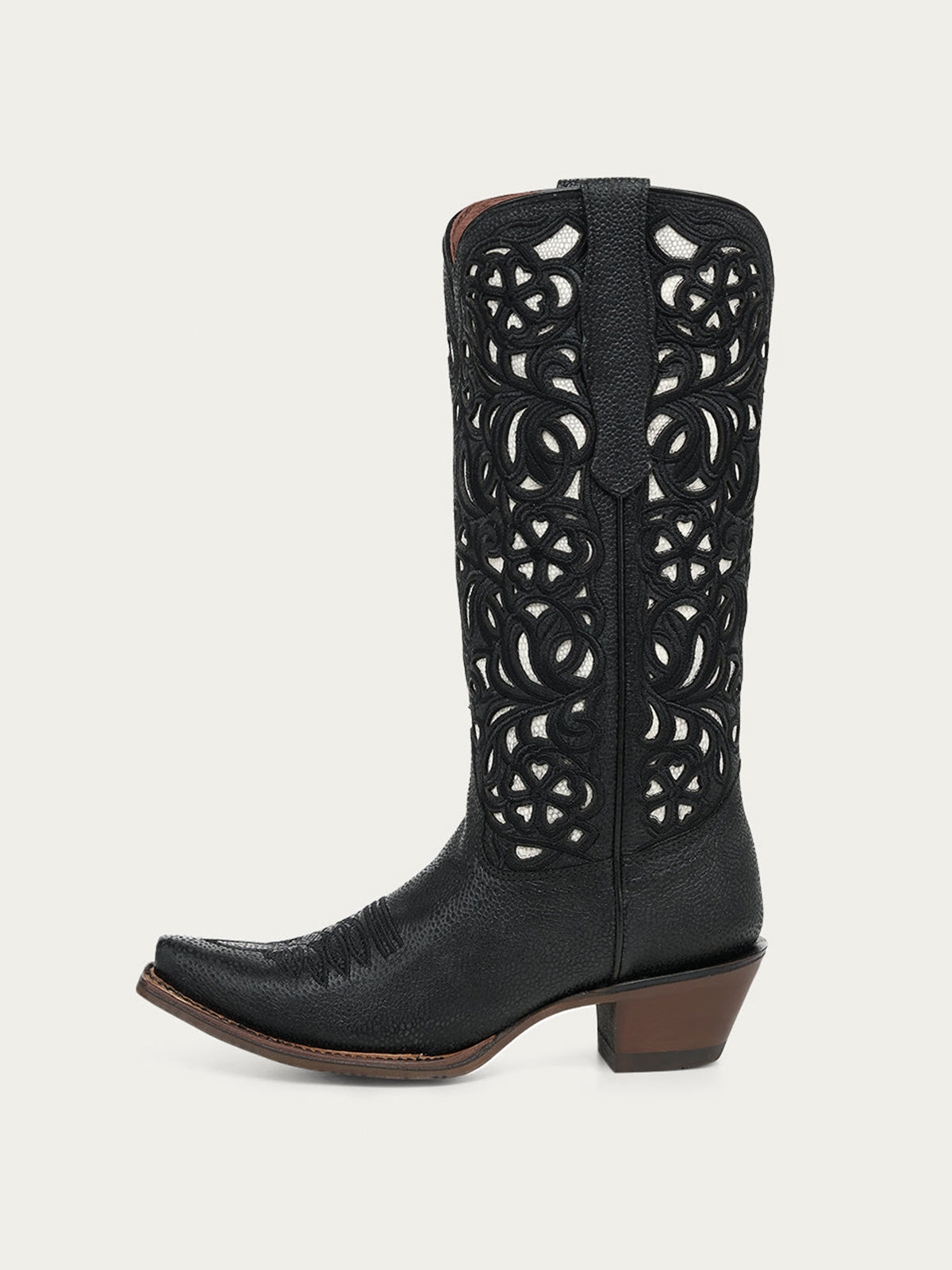 Black Snip-Toe Inlay And Floral Embroidery Chic Mid Calf Cowgirl Boots