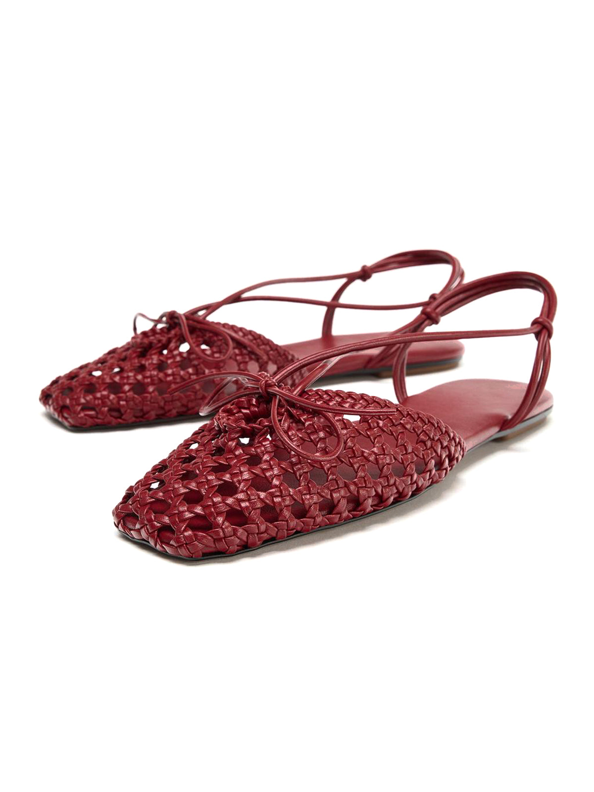 Red Woven Vegan Leather Square-Toe Front Bow And Back Strap Flats