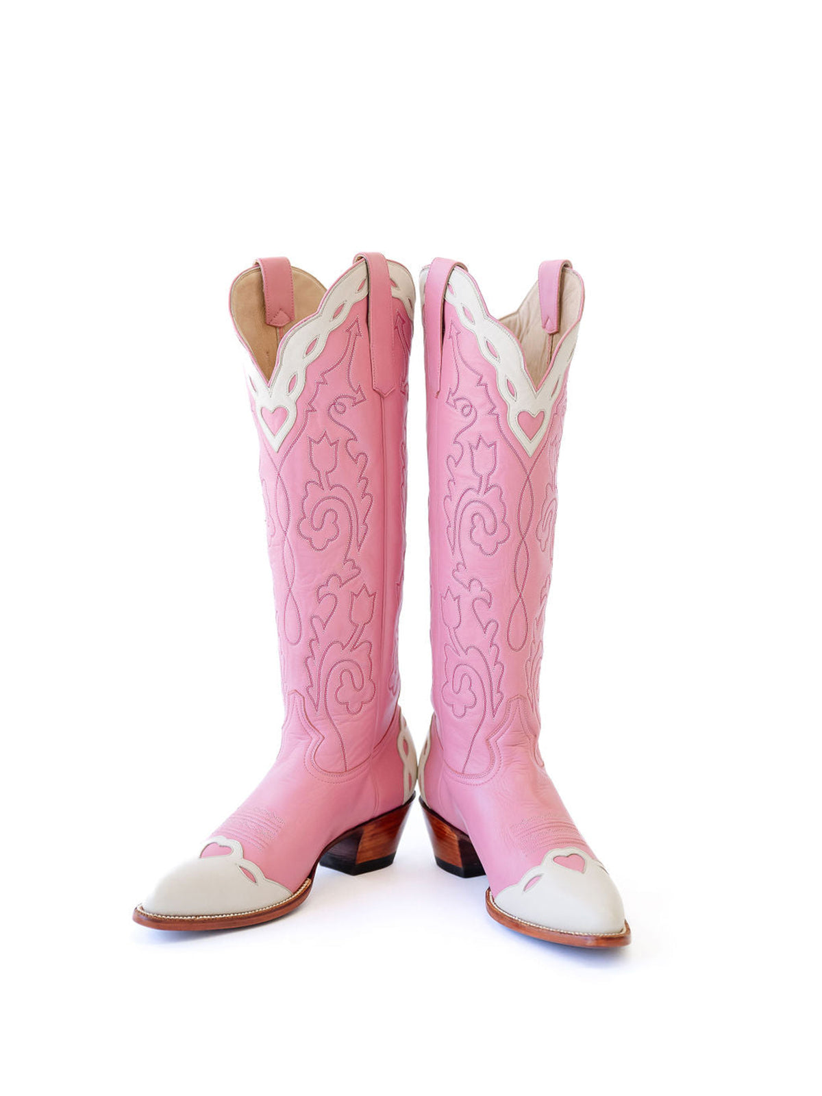Contrast Pink And Ivory Almond-Toe Embroidery Hearts Inlay Wide Calf Knee High Cowgirl Boots