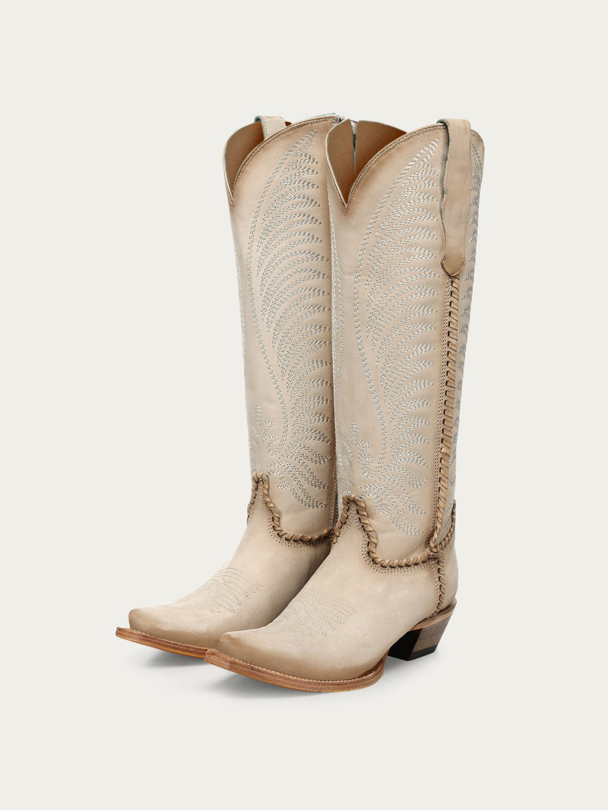 Bone Snip-Toe Embroidery Side Woven Detail Full-Zip Knee High Cowgirl Boots