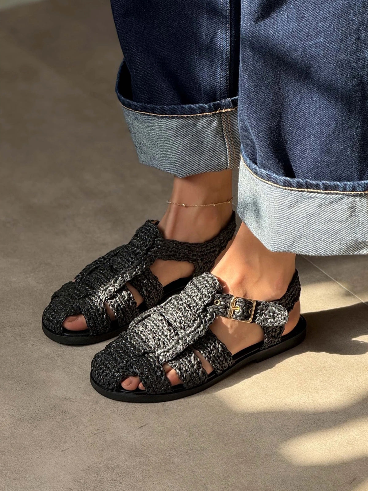 Black Grass Woven Round-Toe Caged Detail Buckle Strap Flats