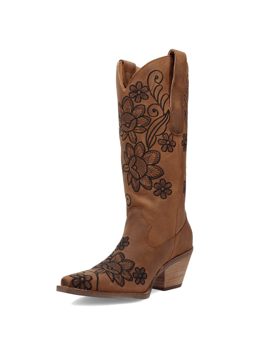 Dark Tan Snip-Toe Flourishing Flowers Embroidery Mid Calf Cowgirl Boots