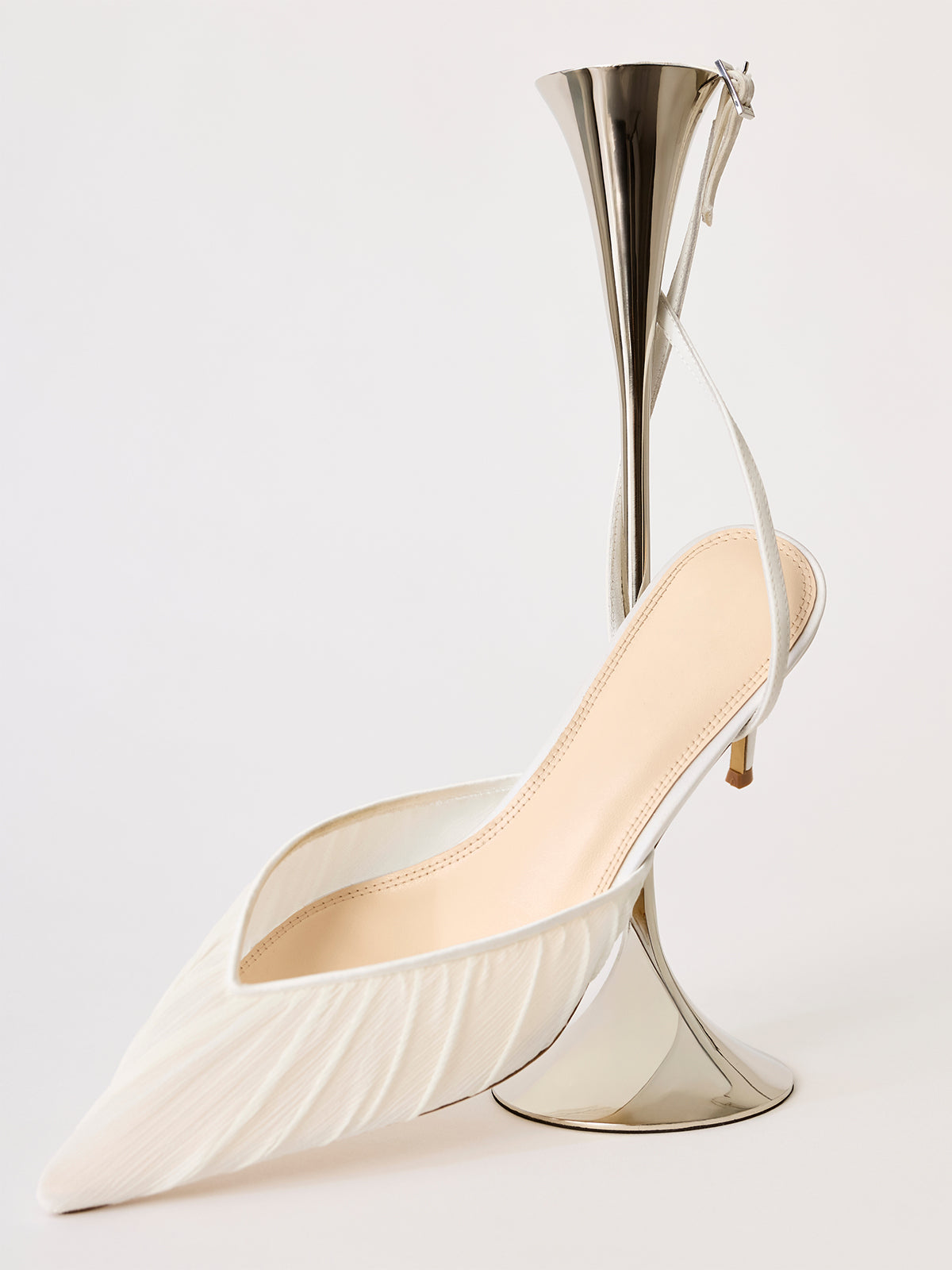 White Satin And Mesh Pointed-Toe Classic Ankle Strap High Heels