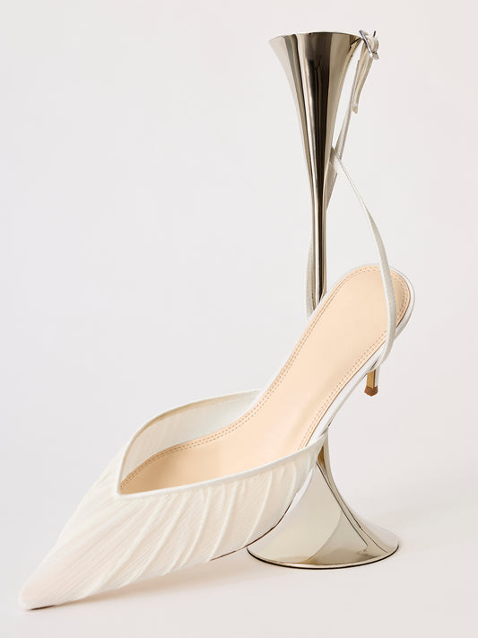 White Satin And Mesh Pointed-Toe Classic Ankle Strap High Heels
