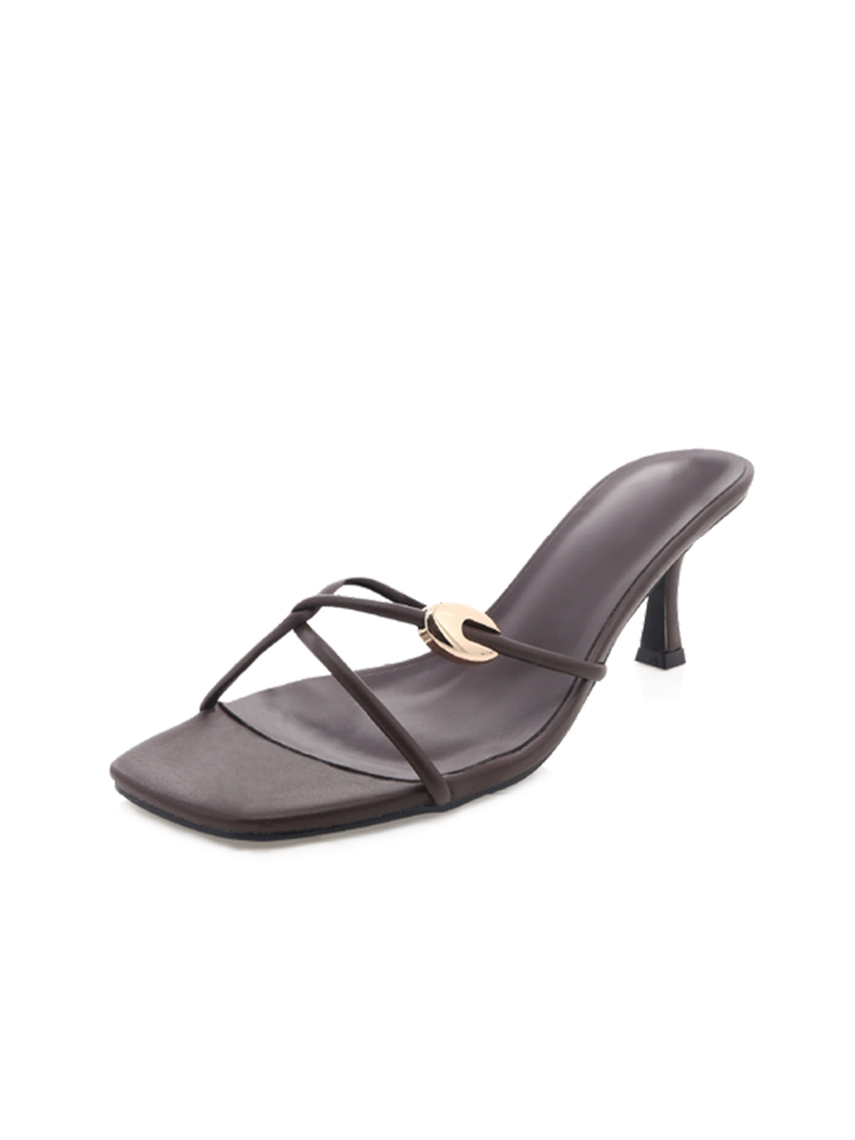 Chocolate Open Square-Toe Three Thin Straps Backless Kitten Heels