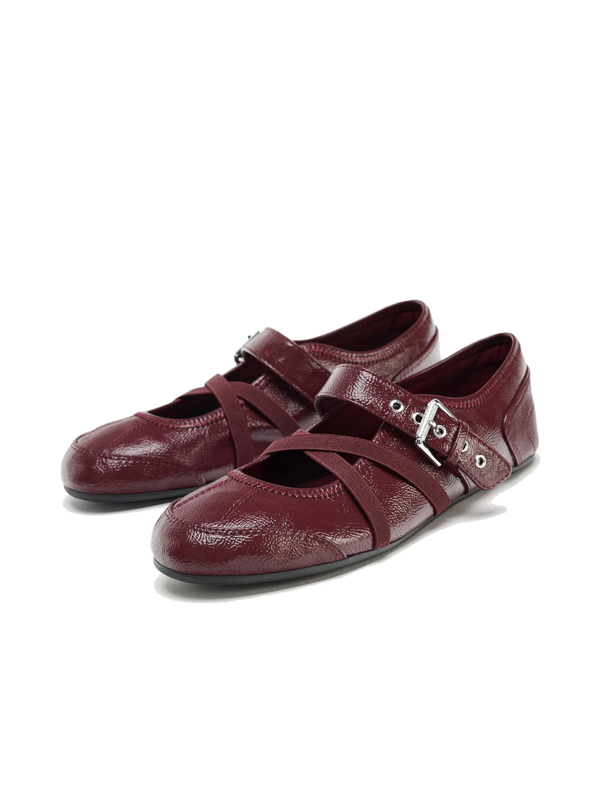 Patent Burgundy Round-Toe Crossed Straps And Buckle Mary Jane Ballet Flats