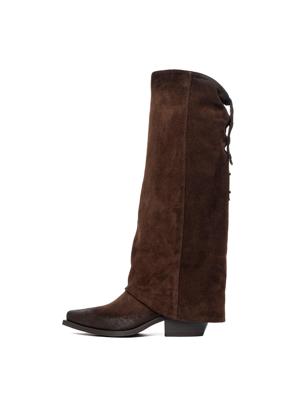 Dark Brown Faux Suede Snip-Toe Fold-Over Back Studs Wide Calf Knee High Cowgirl Boots