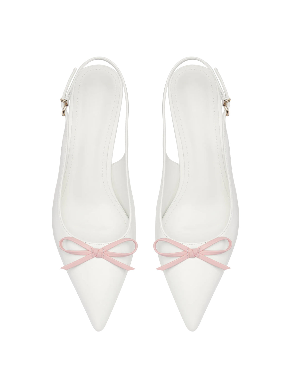 White Pointed-Toe Front Bow Buckle Back Strap Kitten Heels
