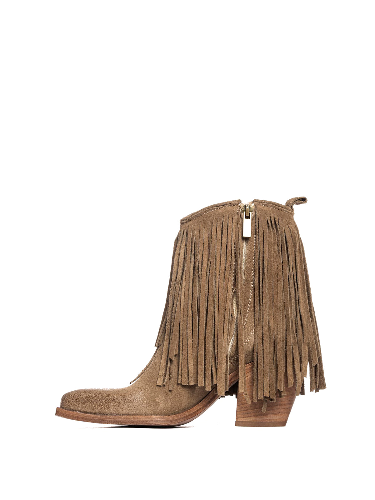 Dove Gray Faux Suede Snip-Toe Fringe Full-Zip Ankle Cowgirl Boots