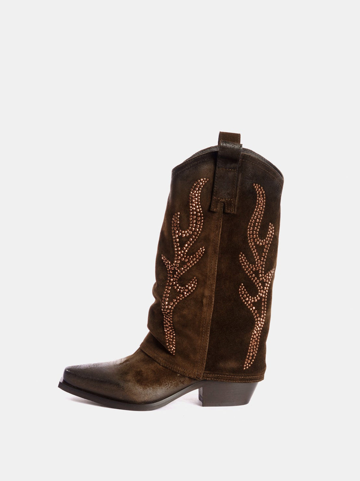Dark Brown Faux Suede Snip-Toe Studded Fold-Over Mid Calf Cowgirl Boots