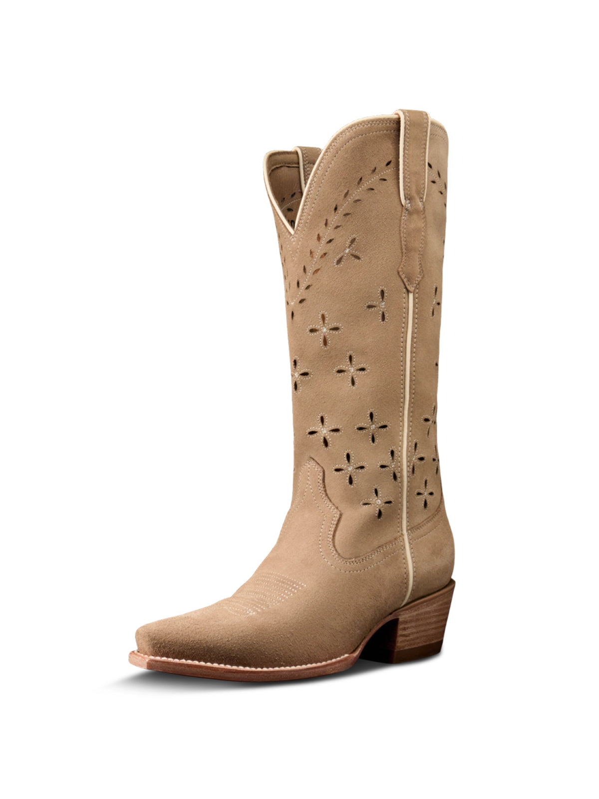 Taupe Faux Suede Snip-Toe Leaves Cutout Mid Calf Cowgirl Boots