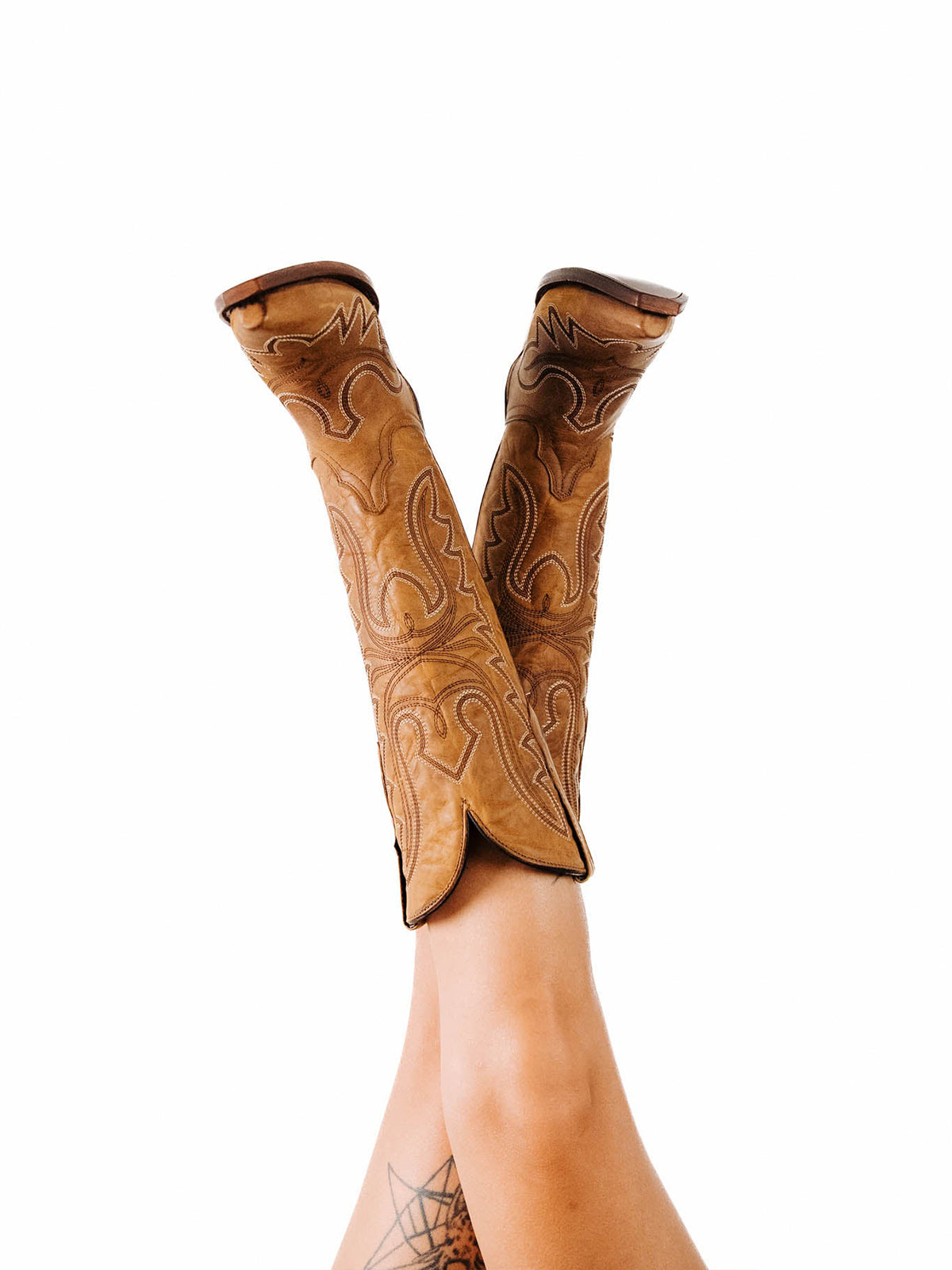 Snip-Toe Sleek Embroidery Mid Calf Cowgirl Boots For Woman - Camel