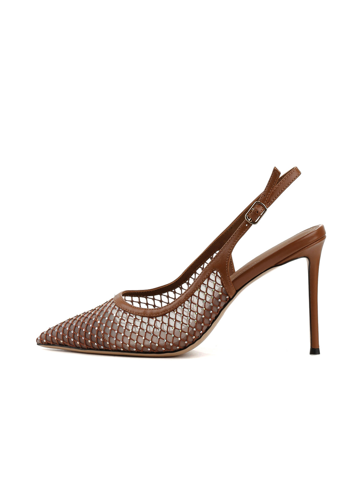 Brown Mesh With Rhinestones Pointed-Toe Back Strap High Heels