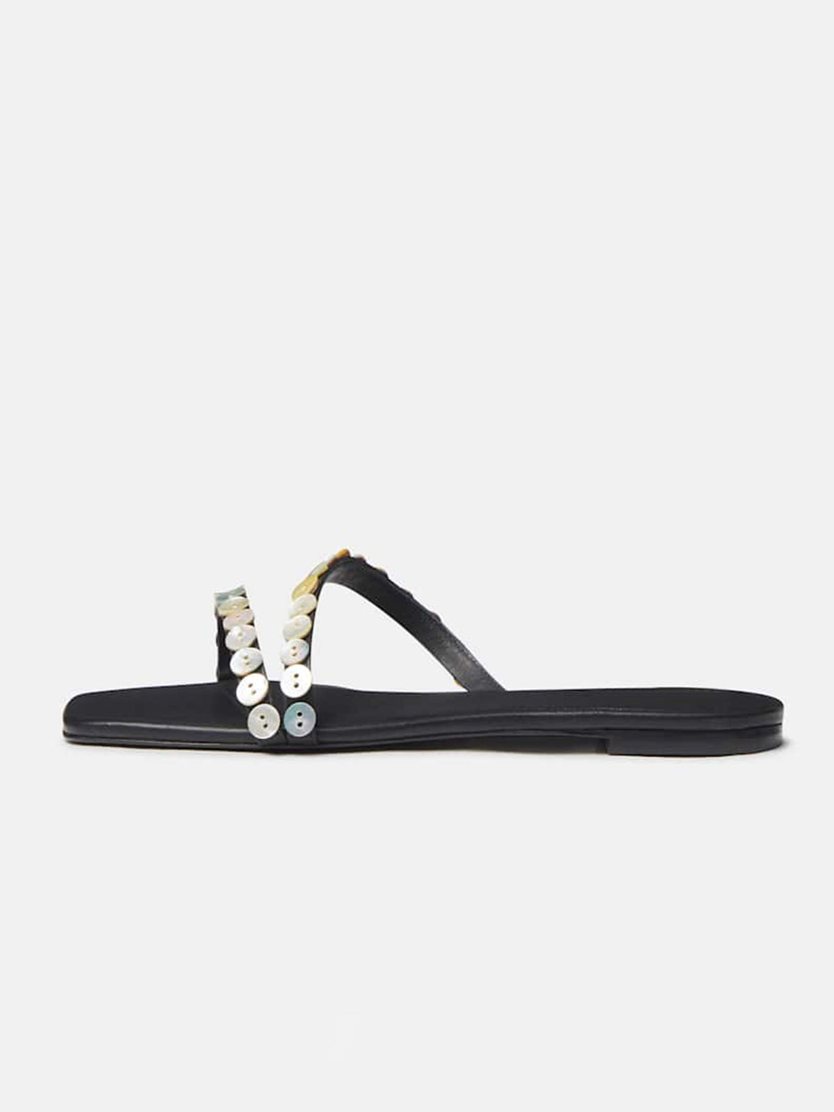 Black Square-Toe Double Straps With Button Embellishments Flat Sandals