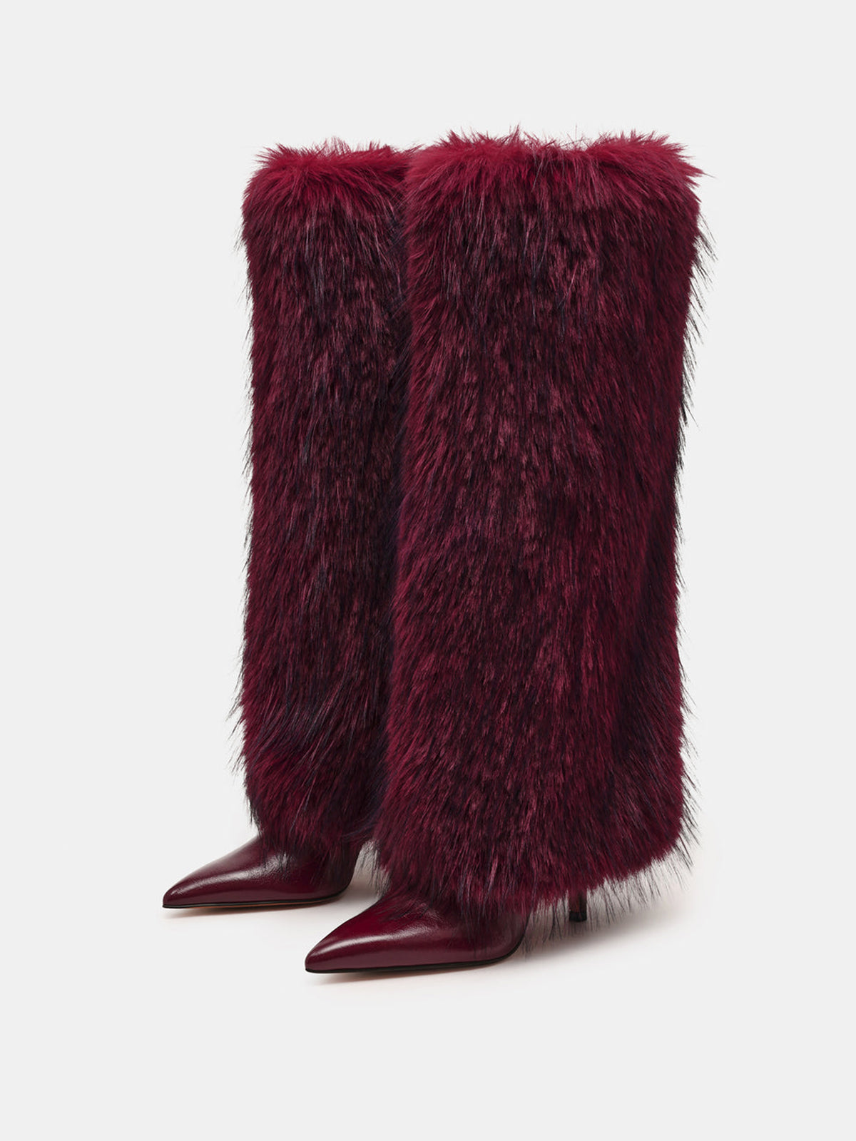 Burgundy Pointed-Toe Plush Shaft Chic Wide Calf Knee High Stiletto Boots