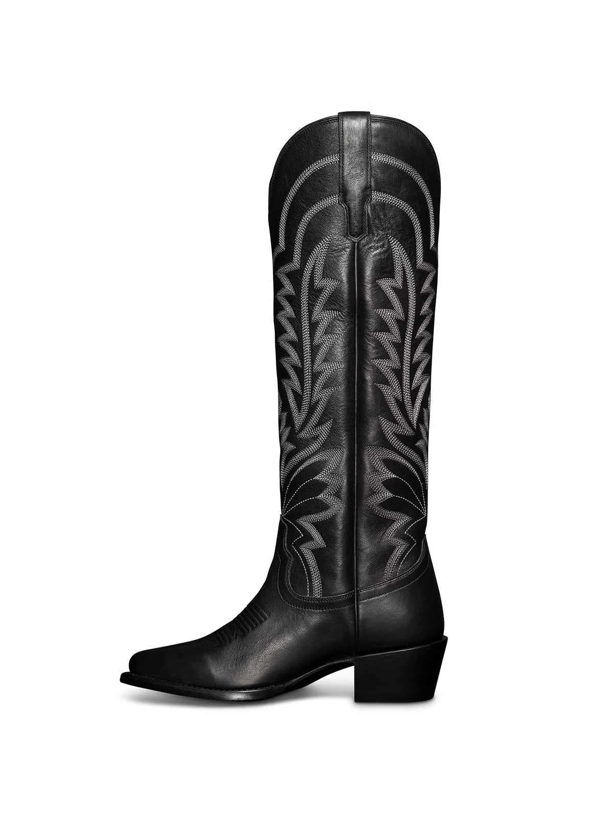Western Embroidery Almond-Toe Tall Knee High Cowgirl Boots - Black