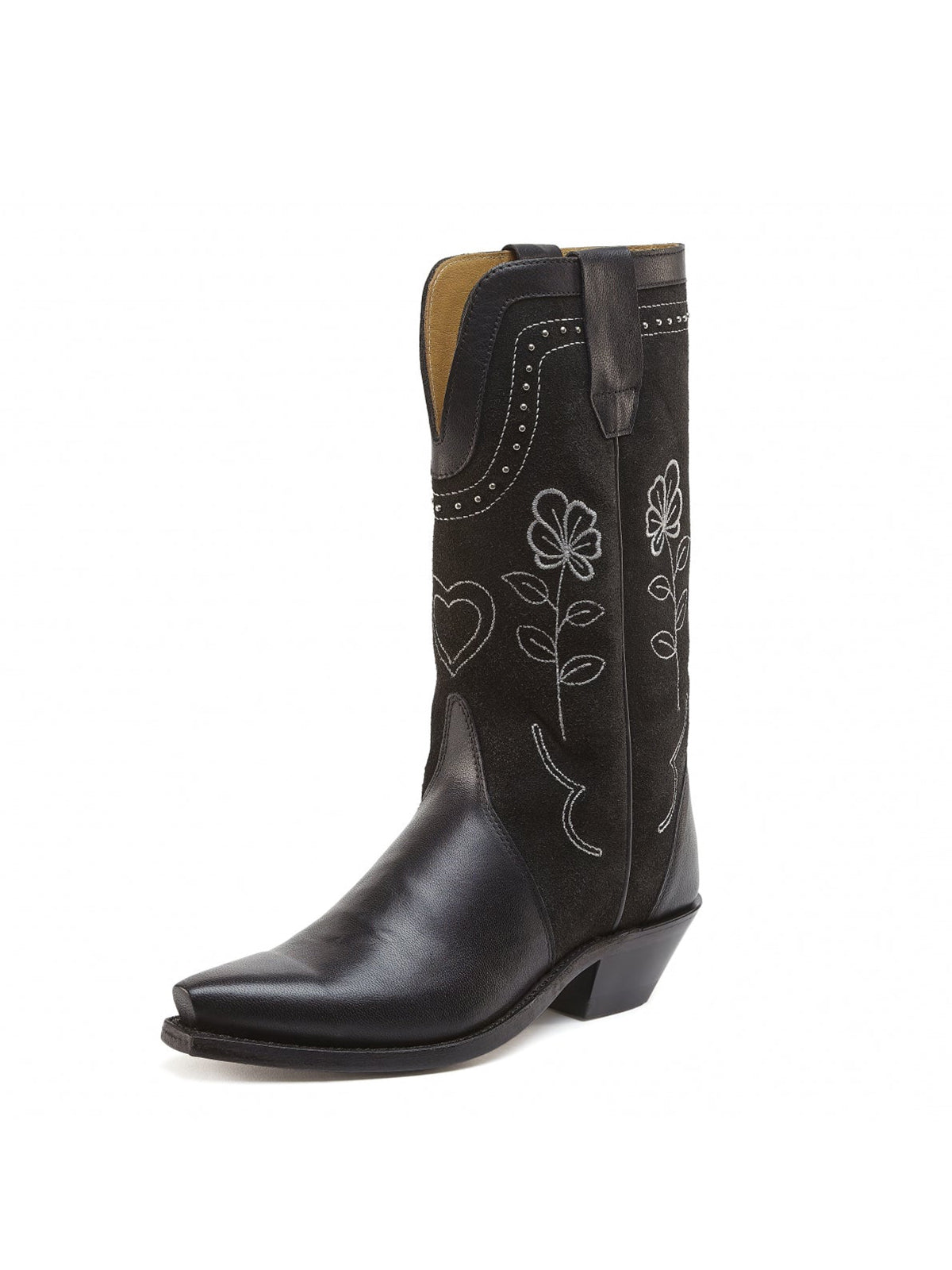 Black Faux Suede Studs Snip-Toe Applique Cowgirl Wesern Mid Calf Boots