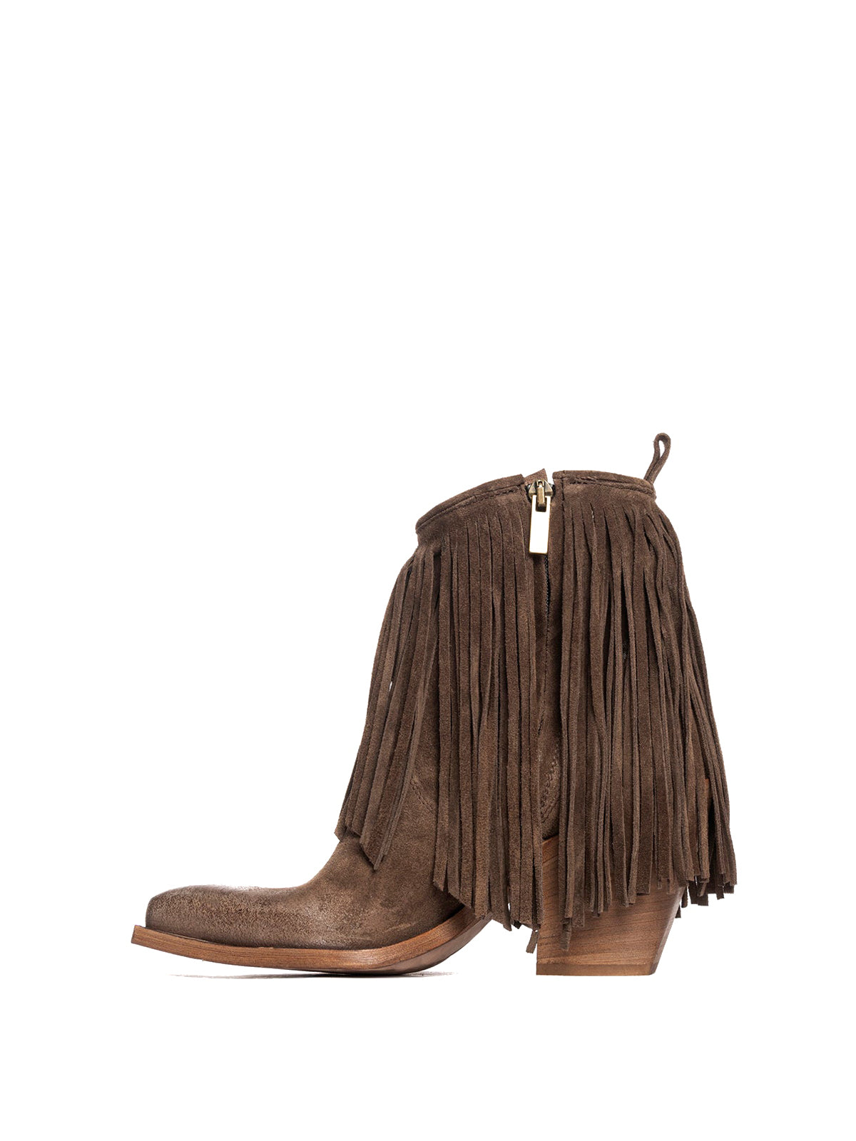 Dark Brown Faux Suede Snip-Toe Fringe Full-Zip Ankle Cowgirl Boots