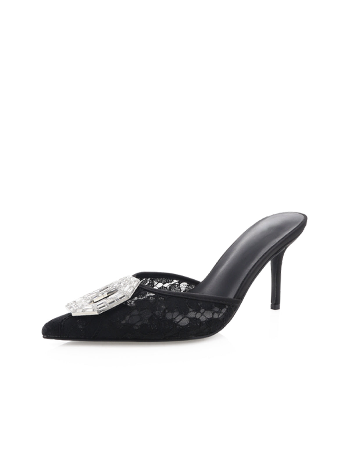 Black Lace Mesh Pointed-Toe Front Crystals High Heels