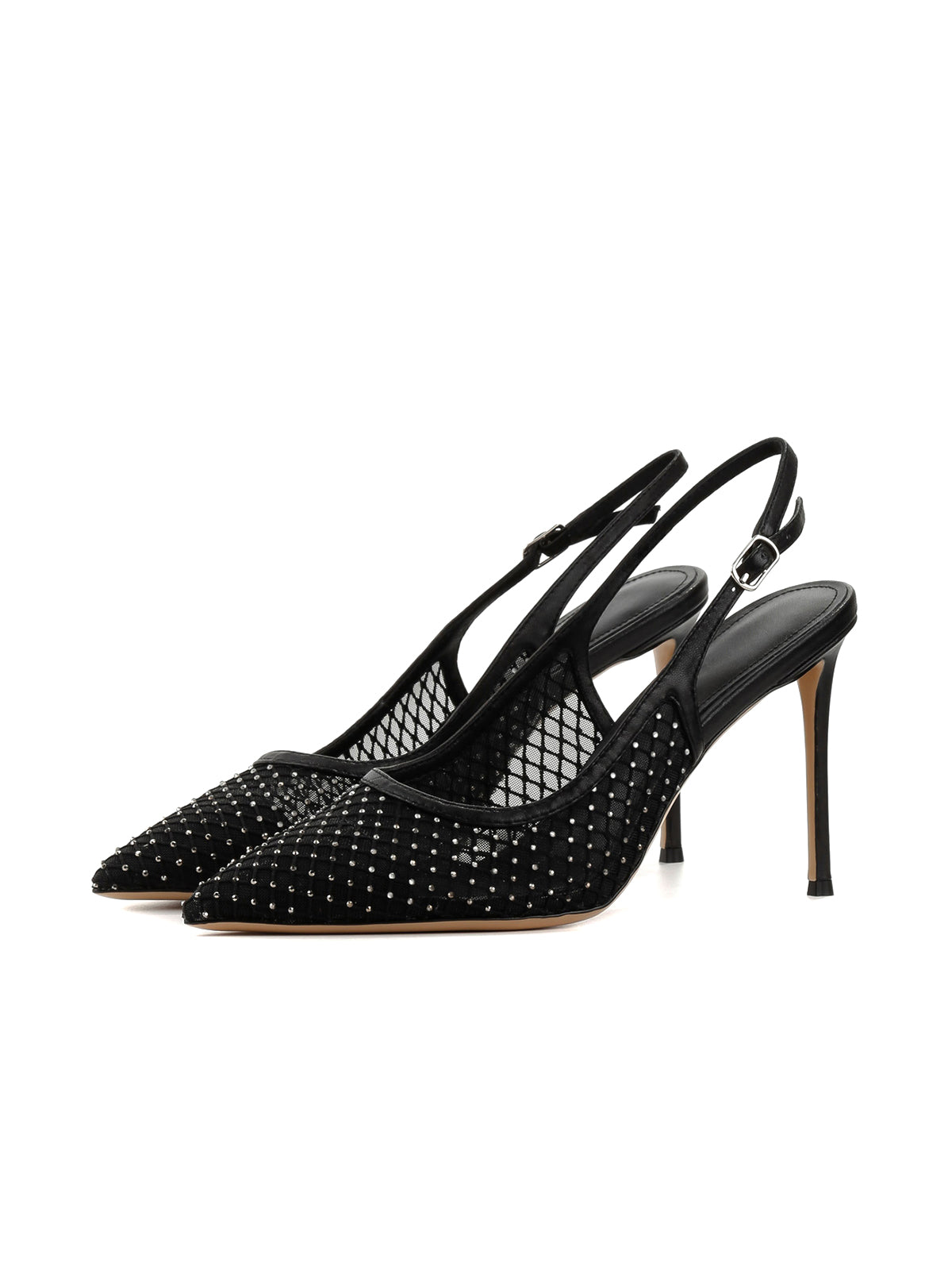 Black Mesh With Rhinestones Pointed-Toe Back Strap High Heels