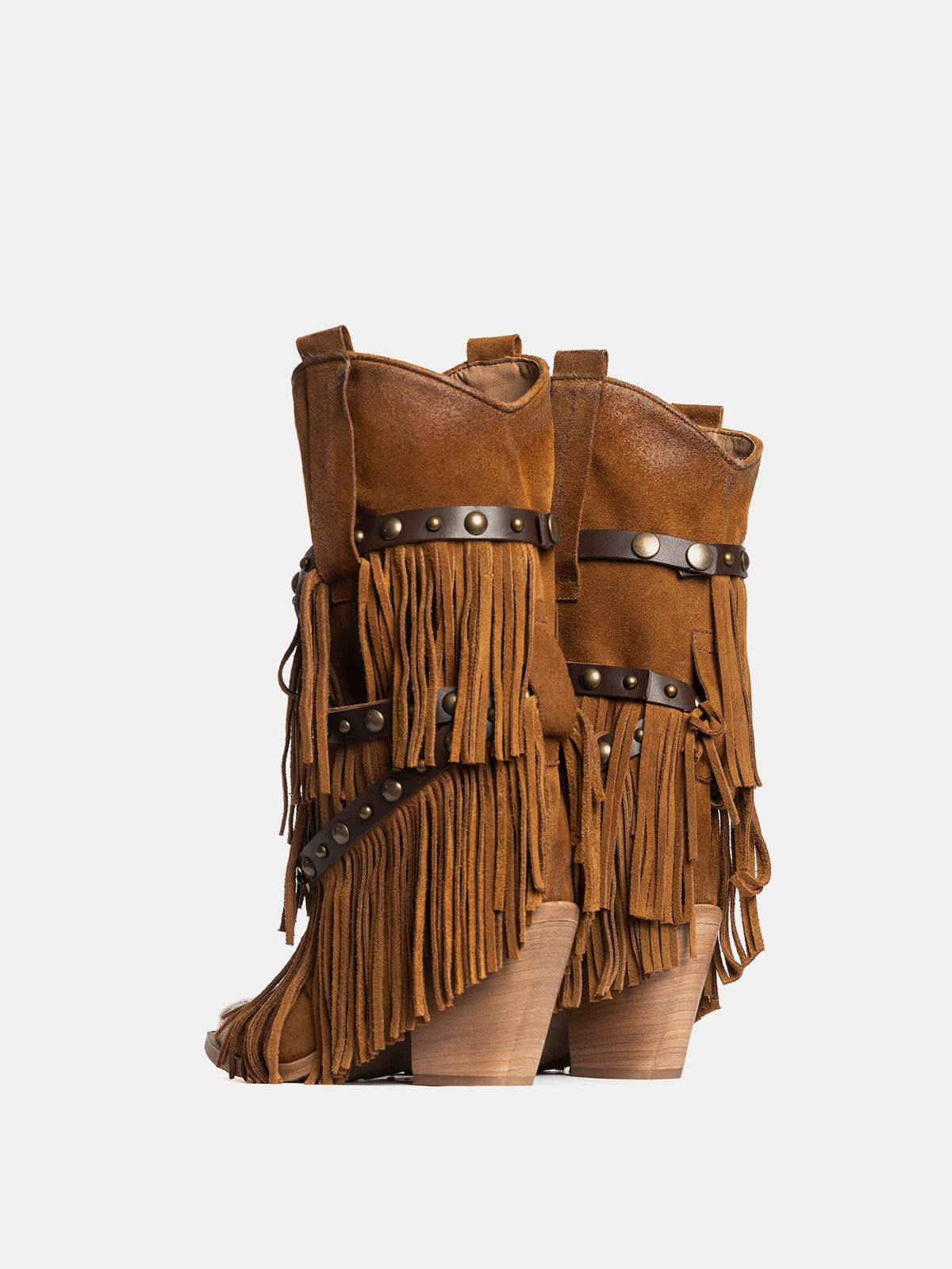 Tan Faux Suede Snip-Toe Studded Straps Fringe Mid Calf Cowgirl Boots