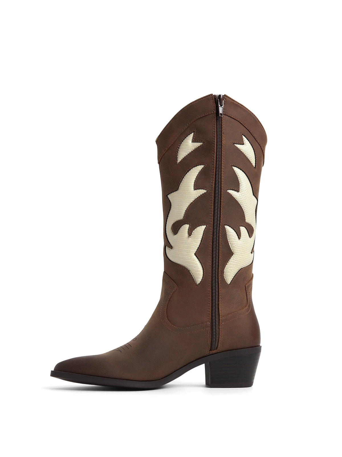 Brown Pointed-Toe Padded Inlay Full-Zip Mid Calf Cowgirl Boots