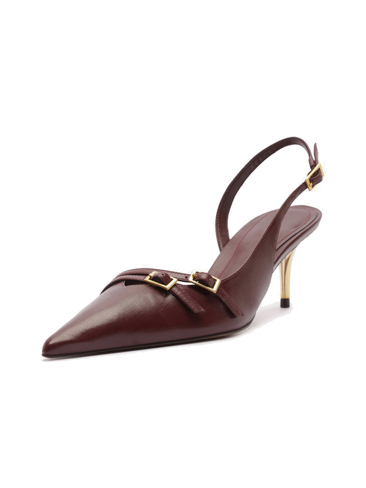 Burgundy Pointed-Toe Front Double Buckle Straps Buckle Slingback Kitten Heels