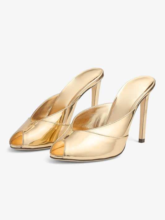 Metallic Gold Peep Round-Toe Slip-On Mules High Heels
