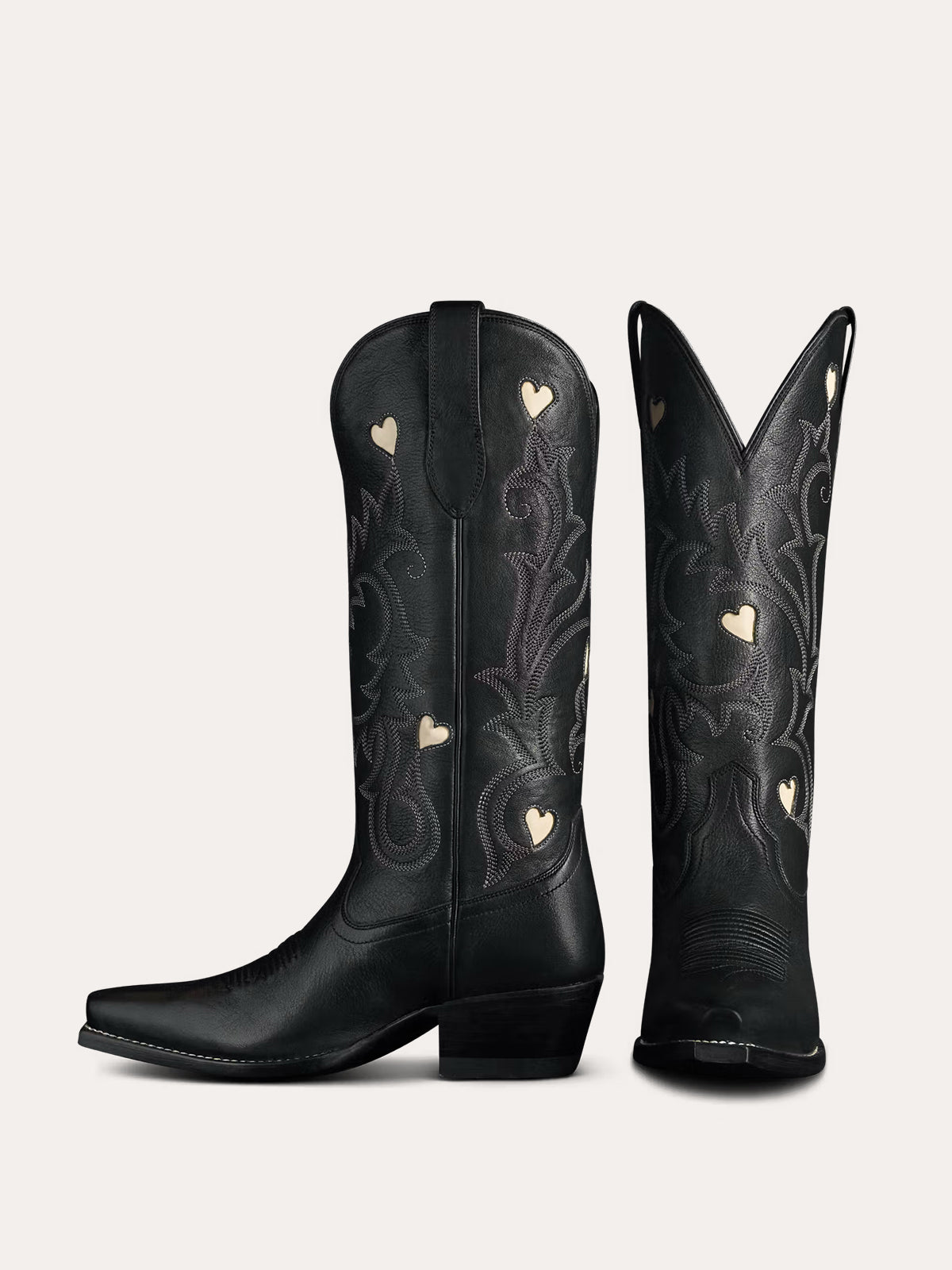 Black Snip-Toe Embroidery White Heart Inlay Mid Calf Cowgirl Boots