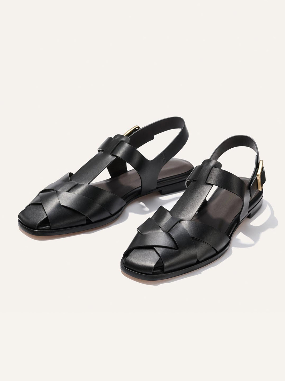 Black Cow Leather Square-Toe Caged Fisherman Chic Flats