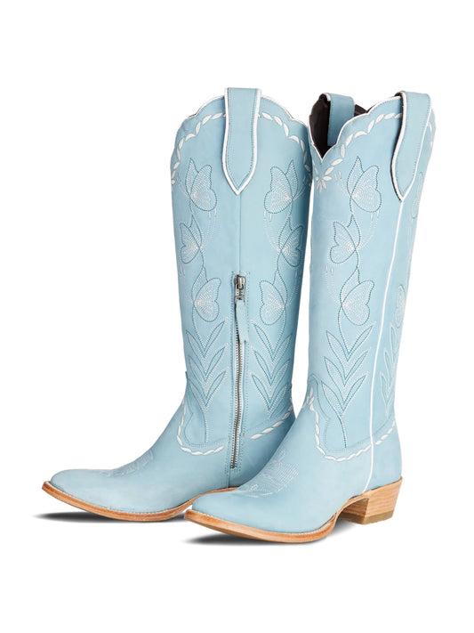 Almond-Toe Elegant Flowers Embroidery Knee High Half-Zip Cowgirl Boots - Powder Blue