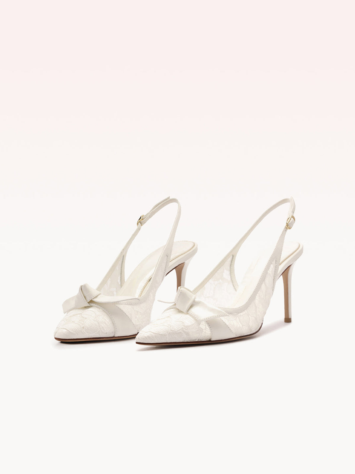 Ivory Lace Mesh Pointed-Toe Front Knot Buckle Slingback Kitten Heels