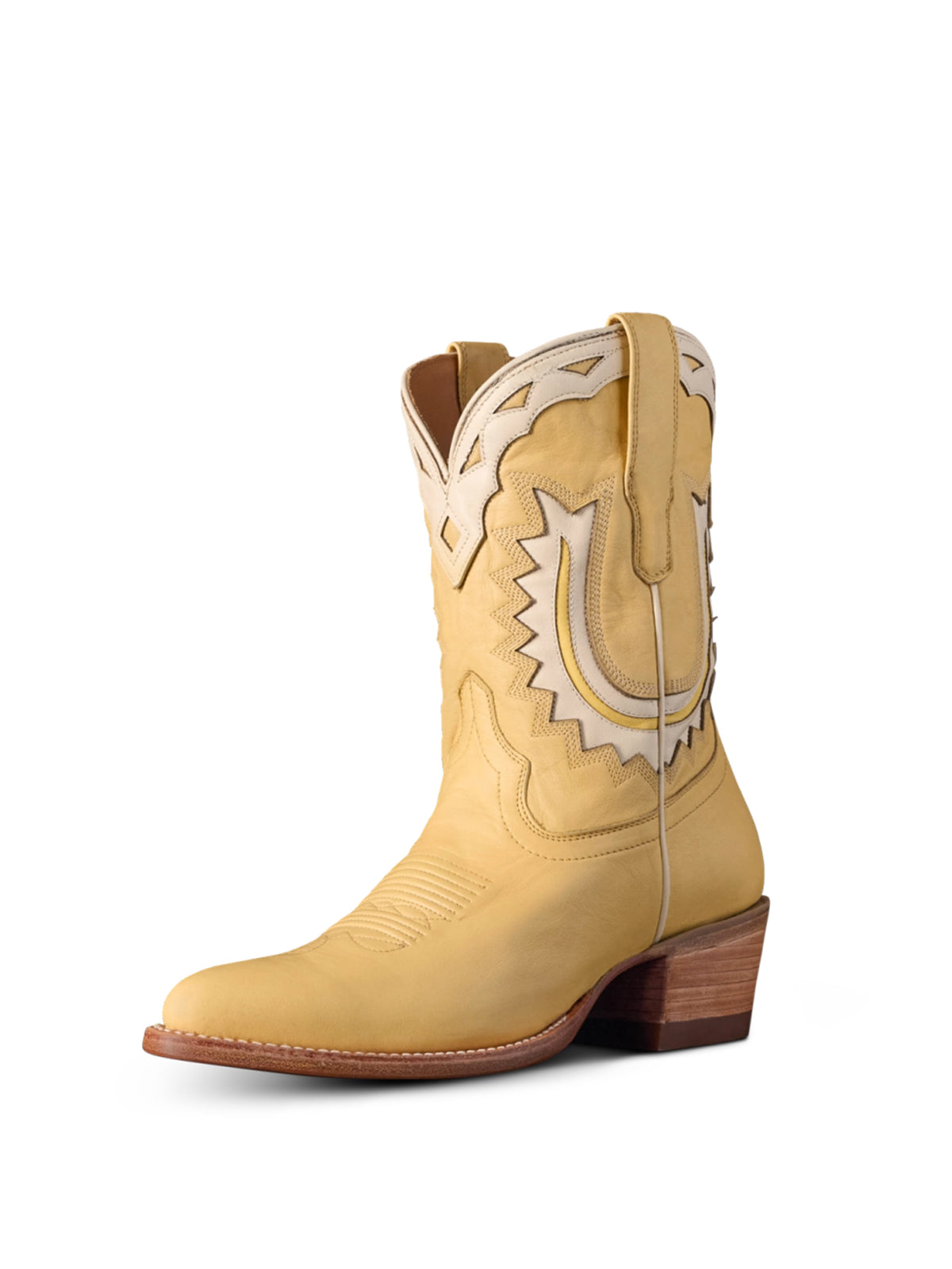 Pale Yellow Almond-Toe Horseshoe Inlay Cowgirl Ankle Boots