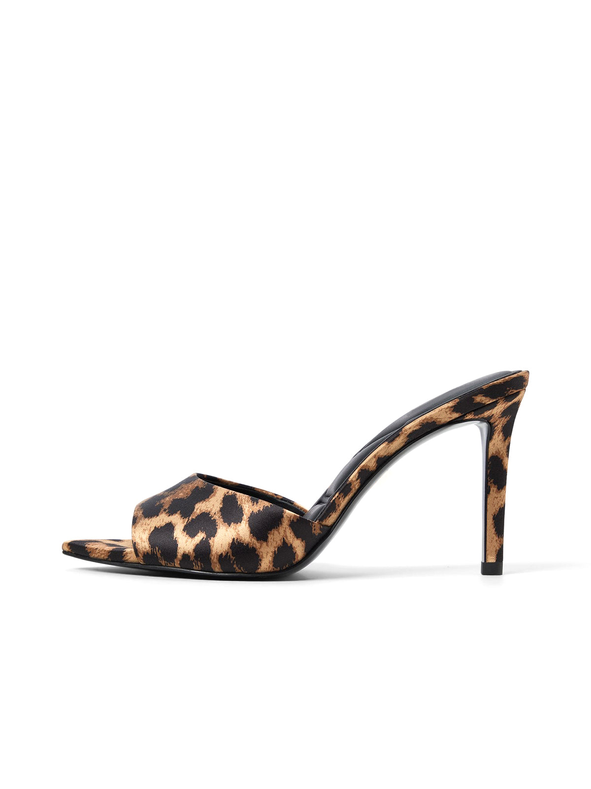 Leopard Satin Open Pointed-Toe Slip-On Backless High Heels